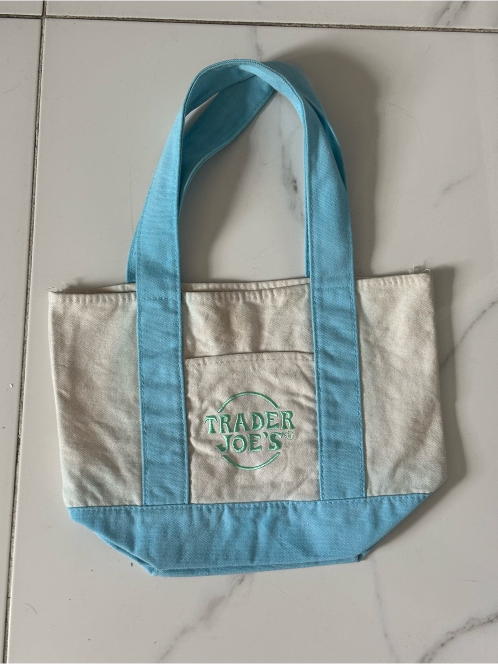 Trader Joe's Cream Canvas Tote with Light Blue Trim